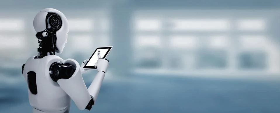 Robot humanoid using tablet computer in future office Stock Illustration