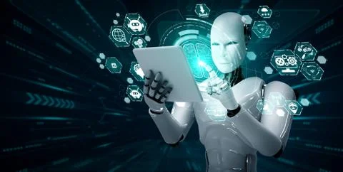 Robot humanoid using tablet computer in concept of AI thinking brain 库存插图