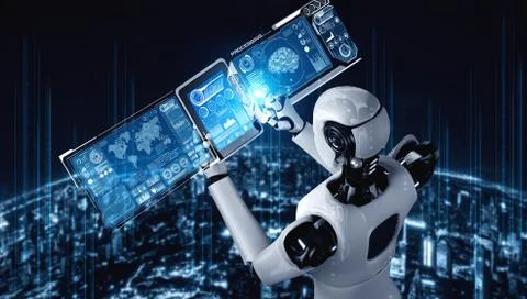 Robot humanoid using tablet computer for big data analytic Stock Illustration