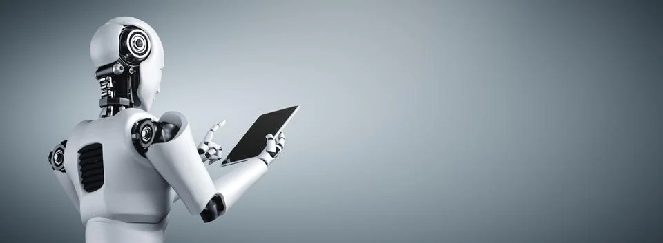 Robot humanoid using tablet computer in future office Stock Illustration