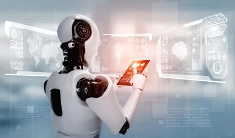 Robot humanoid using tablet computer in concept of AI thinking brain Stock Illustration