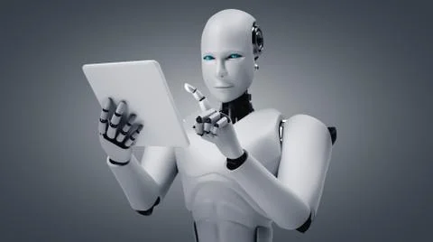 Robot humanoid using tablet computer in future office Stock Illustration