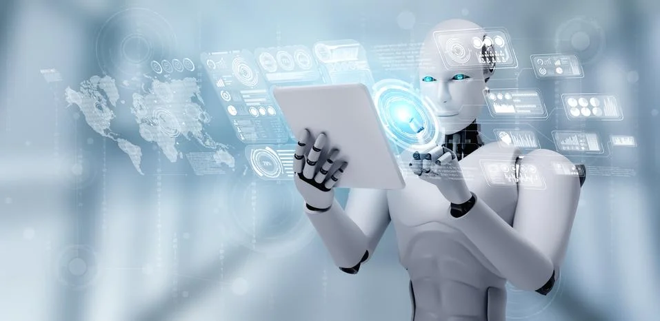 Robot humanoid using tablet computer for big data analytic Stock Illustration