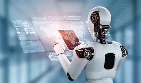 Robot humanoid using tablet computer for global network connection Stock Illustration