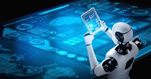 Robot humanoid using tablet computer in concept of AI thinking brain Stock Illustration