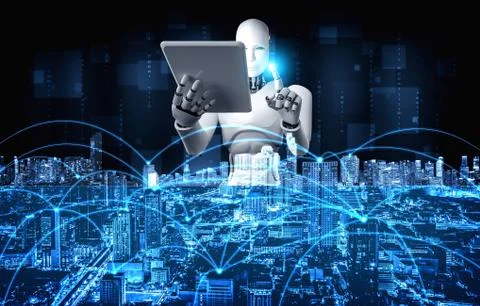 Robot humanoid using tablet computer for global network connection Stock Illustration