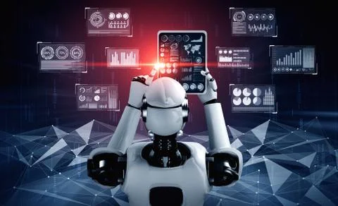 Robot humanoid using tablet computer for big data analytic Illustrazione stock