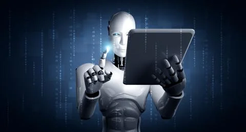 Robot humanoid using tablet computer in future office Stock Illustration