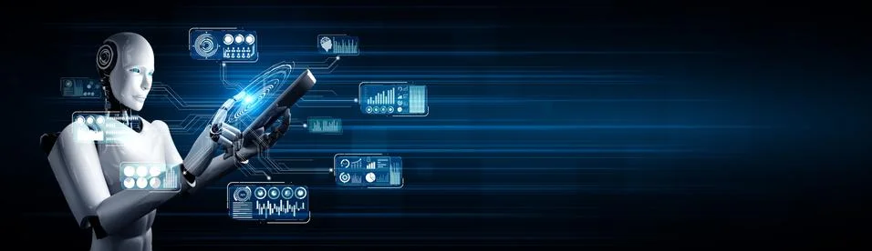 Robot humanoid using tablet computer for big data analytic Stock Illustration