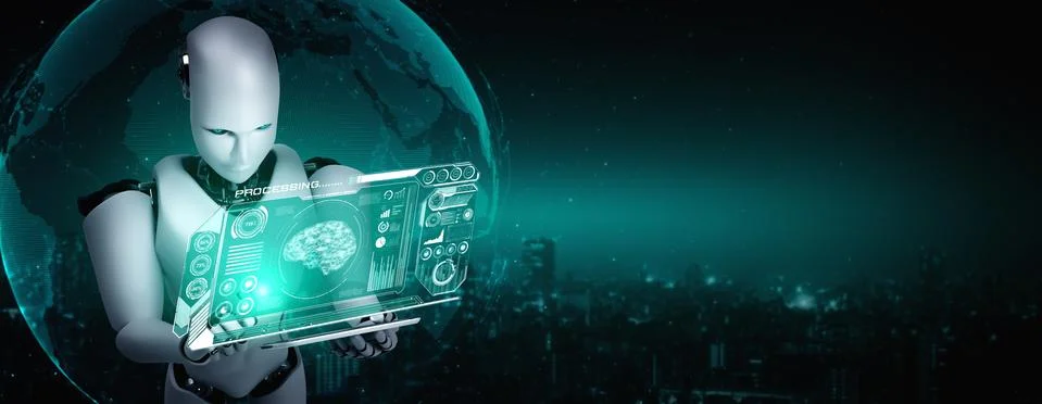 Robot humanoid using tablet computer in concept of AI thinking brain イラスト素材