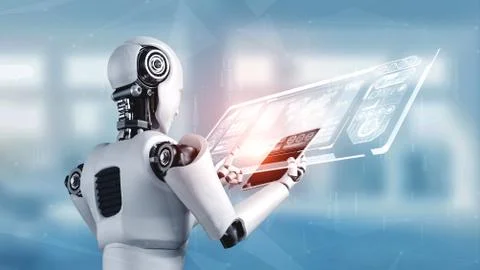 Robot humanoid using tablet computer for big data analytic Stock Illustration