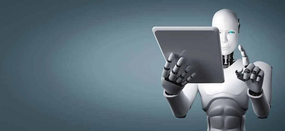 Robot humanoid using tablet computer in future office イラスト素材