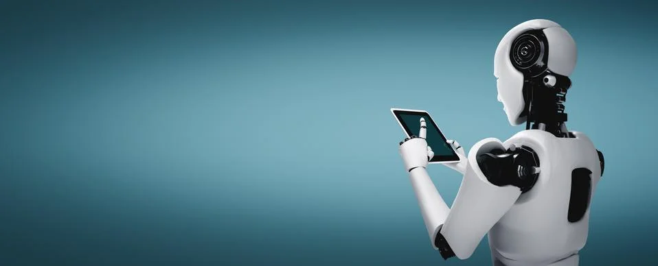 Robot humanoid using tablet computer in future office 스톡 일러스트