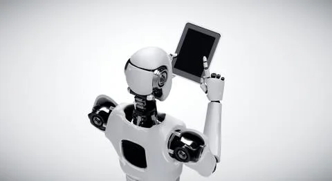 Robot humanoid using tablet computer in future office Stock Illustration