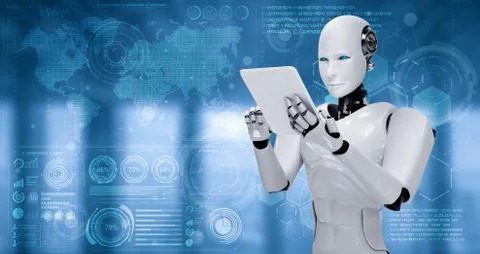 Robot humanoid using tablet computer for big data analytic Illustrazione stock