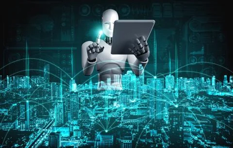 Robot humanoid using tablet computer for global network connection Stock Illustration