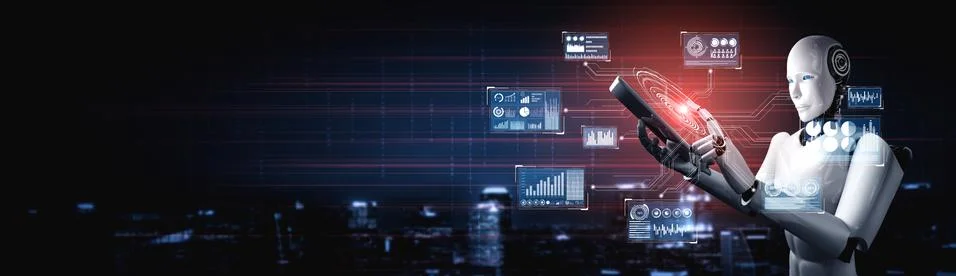 Robot humanoid using tablet computer for big data analytic Illustrazione stock