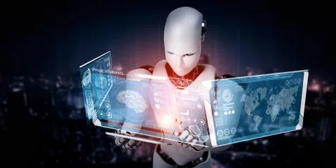 Robot humanoid using tablet computer in concept of AI thinking brain Stockillustratie
