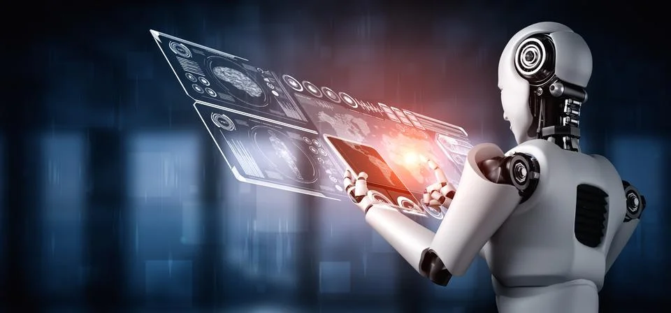 Robot humanoid using tablet computer for big data analytic Stock Illustration