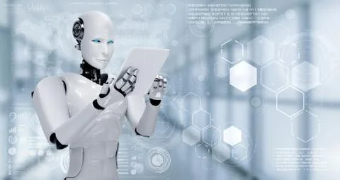 Robot humanoid using tablet computer for big data analytic Illustrazione stock