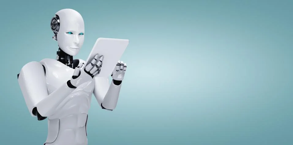 Robot humanoid using tablet computer in future office Stock Illustration