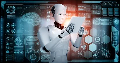 Robot humanoid using tablet computer for big data analytic Stock Illustration