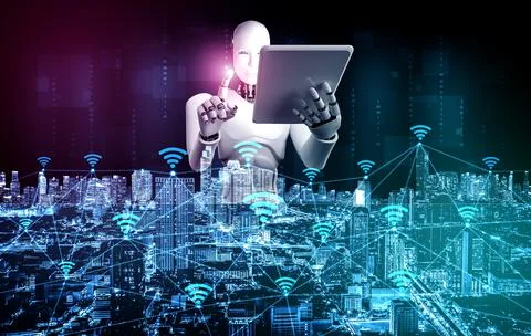 Robot humanoid using tablet computer for global network connection Illustrazione stock