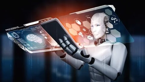 Robot humanoid using tablet computer for big data analytic Stock Illustration