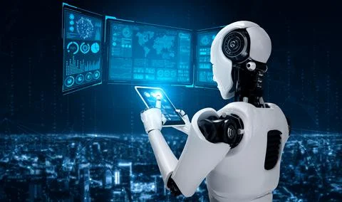 Robot humanoid using tablet computer for big data analytic Illustrazione stock