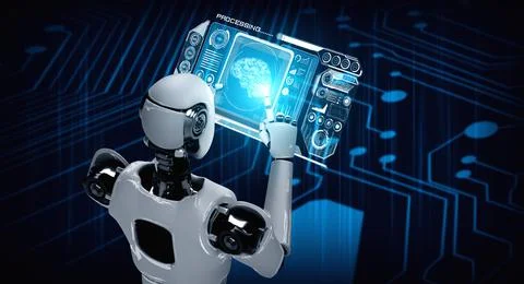 Robot humanoid using tablet computer in concept of AI thinking brain Stockillustratie