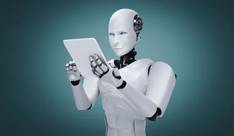 Robot humanoid using tablet computer in future office Stock Illustration