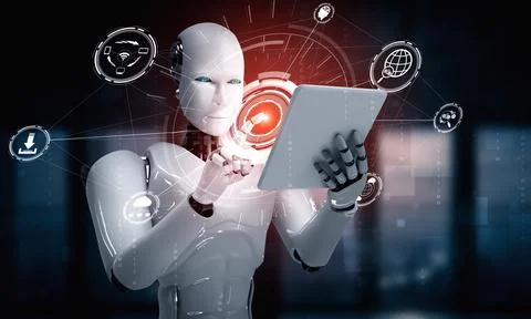 Robot humanoid using tablet computer for global network connection Illustrazione stock