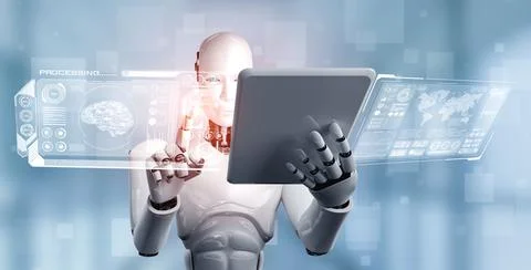 Robot humanoid using tablet computer in concept of AI thinking brain 스톡 일러스트
