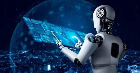 Robot humanoid using tablet computer for big data analytic Illustrazione stock