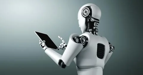 Robot humanoid using tablet computer in future office Illustrazione stock