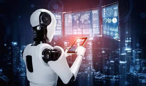 Robot humanoid using tablet computer for big data analytic Stock Illustration