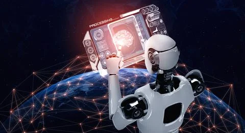 Robot humanoid using tablet computer in concept of AI thinking brain 스톡 일러스트