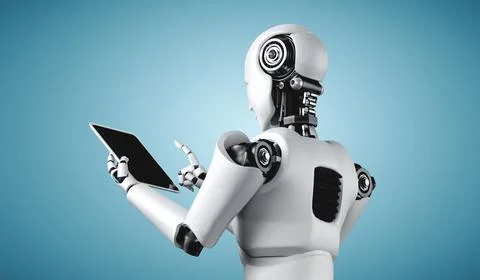 Robot humanoid using tablet computer in future office Illustrazione stock