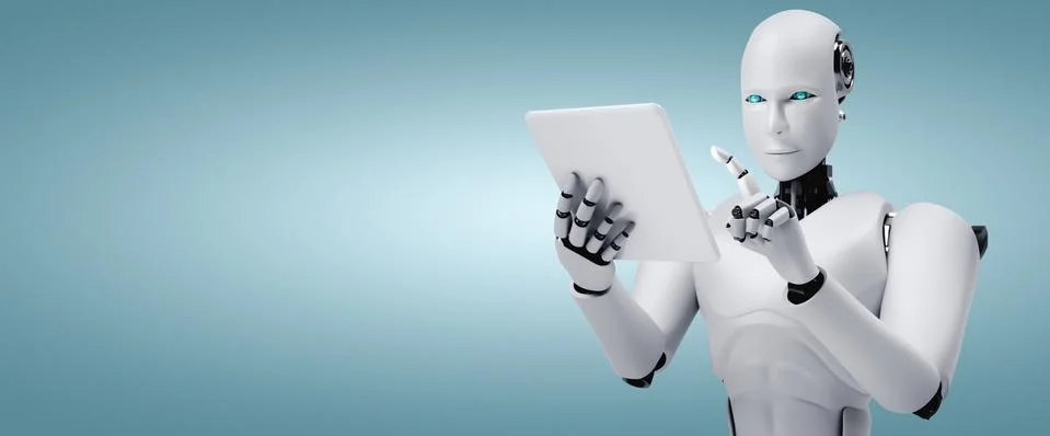 Robot humanoid using tablet computer in future office Stock Illustration