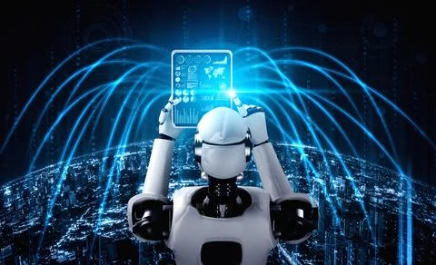 Robot humanoid using tablet computer for global network connection イラスト素材