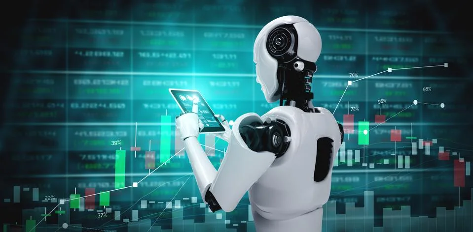 Robot humanoid using tablet computer in concept of stock market trading 스톡 일러스트