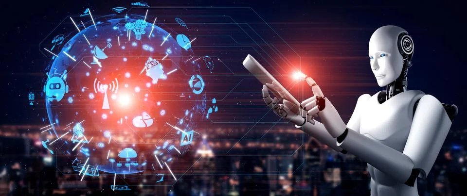 Robot humanoid using tablet computer for global network connection Stock Illustration