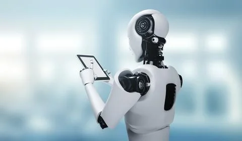 Robot humanoid using tablet computer in future office Stock Illustration