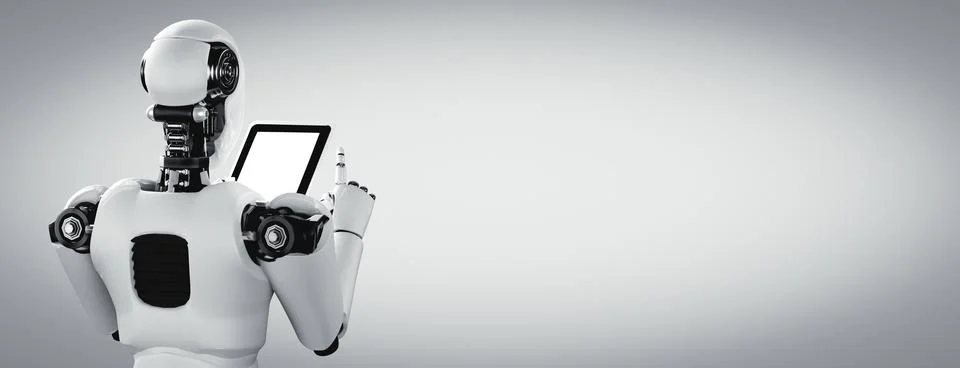 Robot humanoid using tablet computer in future office Stock Illustration