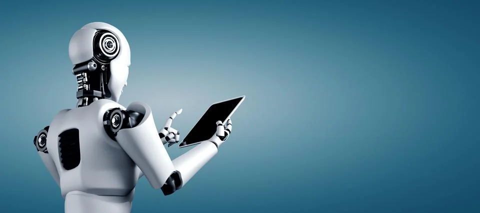 Robot humanoid using tablet computer in future office Stock Illustration