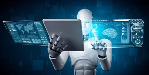 Robot humanoid using tablet computer for big data analytic Illustrazione stock