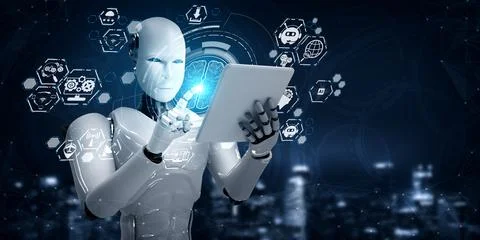 Robot humanoid using tablet computer in concept of AI thinking brain Stockillustratie