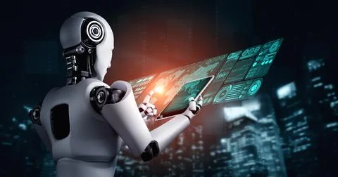 Robot humanoid using tablet computer for big data analytic Illustrazione stock