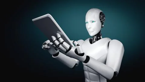 Robot humanoid using tablet computer in future office Stock Illustration