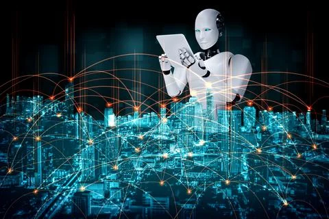 Robot humanoid using tablet computer for global network connection Illustrazione stock